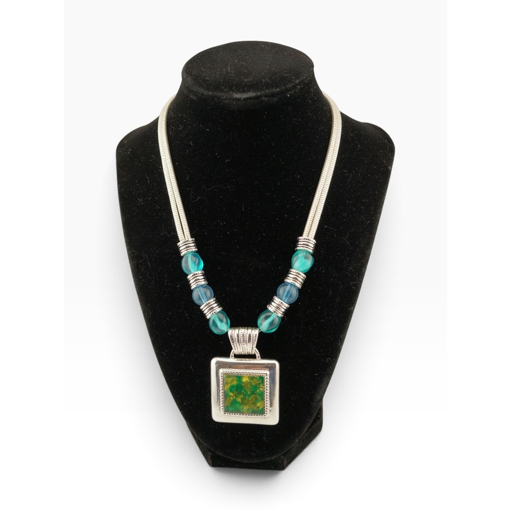 Pendant Necklace Womens 20" Silver Tone Teal Square Mosaic Boho